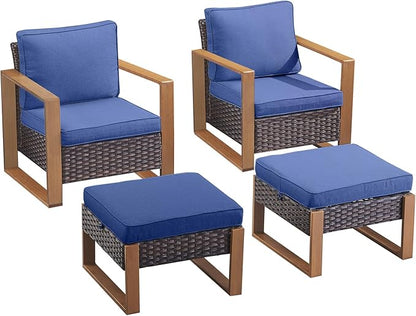 Rilyson Outdoor Wicker Patio Furniture Set - 4 Piece Patio Conversation Set with 2 Wicker Armrest Chairs,2 Rattan Ottoman, Sturdy Frame, Thick Cushions, Deep Seating(Brown/Blue)