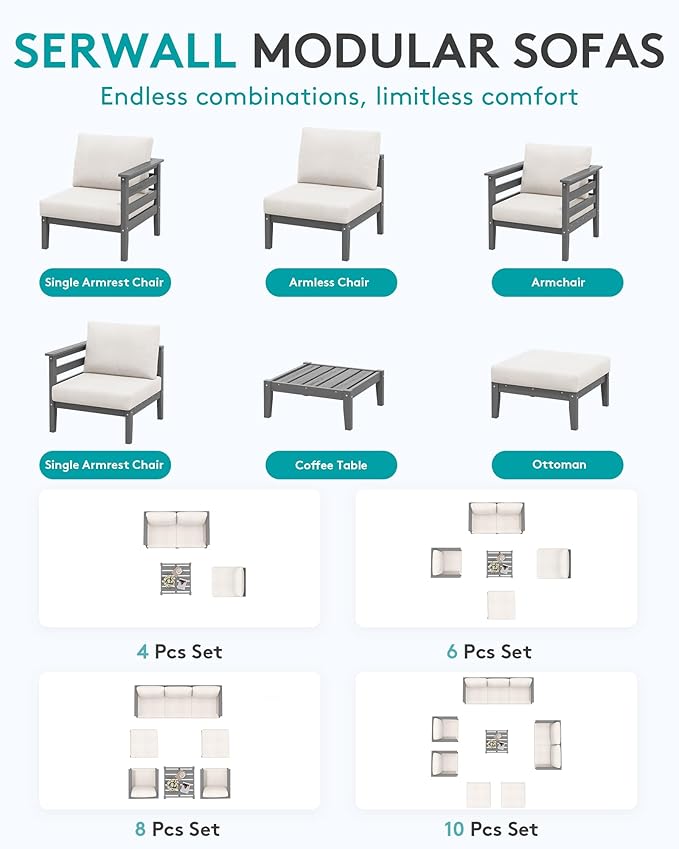 SERWALL HDPE Patio Furniture Set, 10 Pieces Outdoor Sectional Sofa Set, All-Weather Wood-Like Outdoor Sofa Couch with Coffee Table for Deck, Lawn, Grey Frame with Khaki Cushion