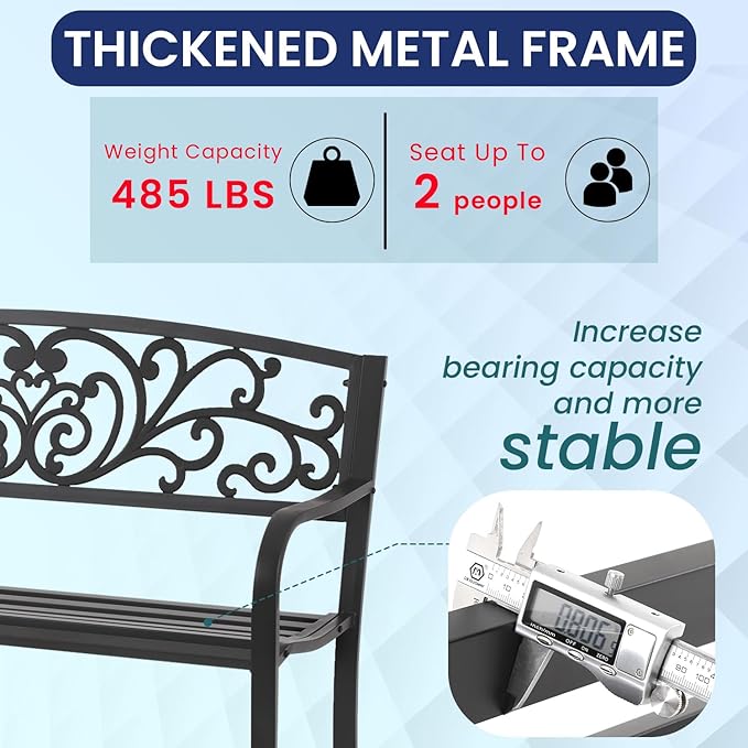 Black Metal Garden Bench, Antique Outside Bench, 50" Seat for 2 People, Durable Iron Frame for Park Yard Porch Outdoors Chair