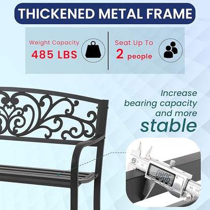Black Metal Garden Bench, Antique Outside Bench, 50" Seat for 2 People, Durable Iron Frame for Park Yard Porch Outdoors Chair