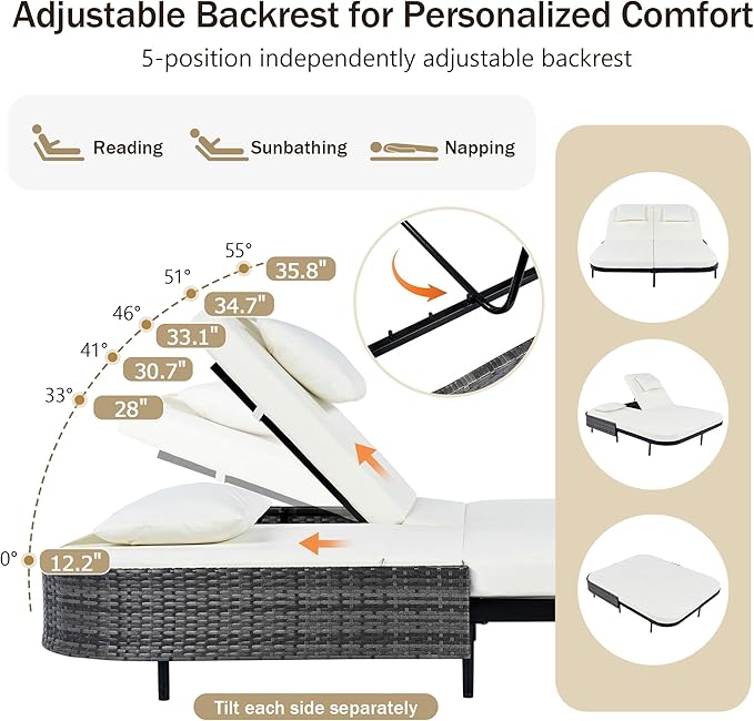 Modern Outdoor Patio Rattan Daybed with 5-Position Adjustable Backrest and Removable Cushions&Pillows - Photo 5