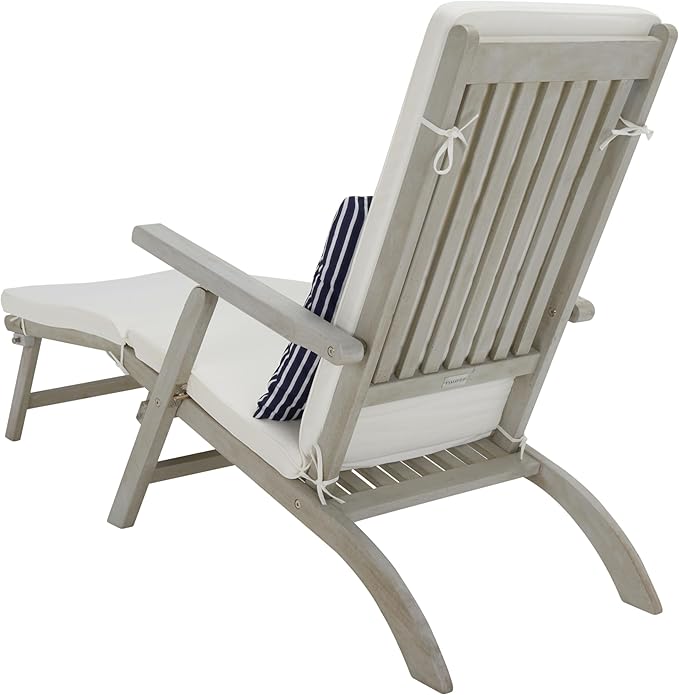 SAFAVIEH Outdoor Collection Palmdale Grey Solid Wood/Beige Cushion with Striped Pillow Chaise Lounge Chair (PAT7015F)
