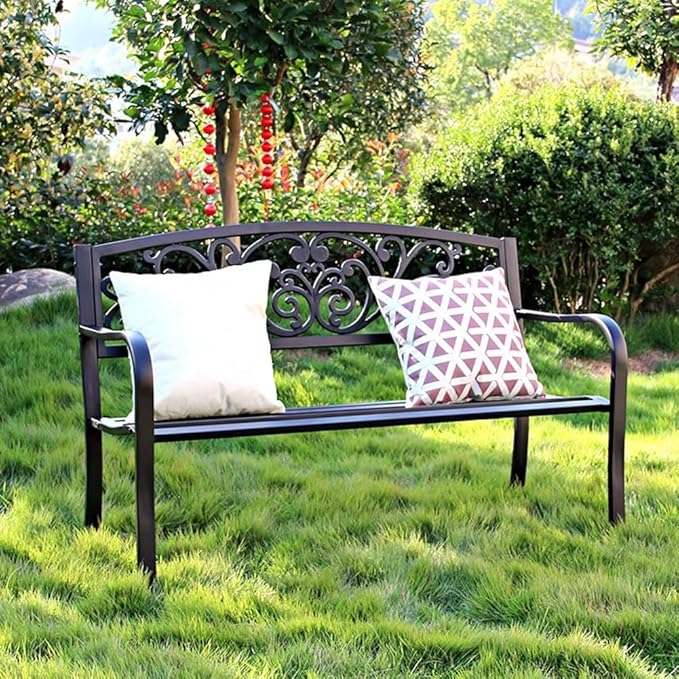 Outdoor Metal Garden Bench, 2 Seater Steel Patio Furniture Seat w/Backrest and Armrests for Backyard, Park, Front Porch