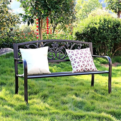 Outdoor Metal Garden Bench, 2 Seater Steel Patio Furniture Seat w/Backrest and Armrests for Backyard, Park, Front Porch