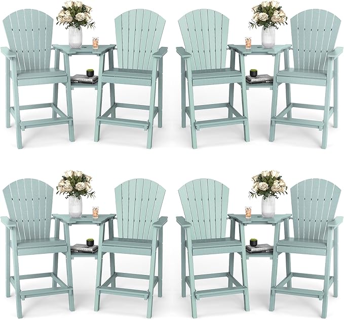 FOOWIN Tall Adirondack Chair Set of 8, All Weather HDPE Bar Height Adirondack Chair with Double Connecting Trays, Adirondack Barstools for Balcony, Deck, Backyard, Patio, Garden Aruban Blue