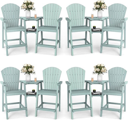 FOOWIN Tall Adirondack Chair Set of 8, All Weather HDPE Bar Height Adirondack Chair with Double Connecting Trays, Adirondack Barstools for Balcony, Deck, Backyard, Patio, Garden Aruban Blue
