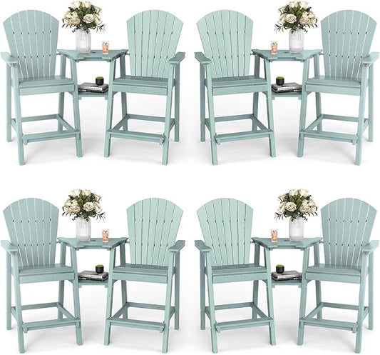 FOOWIN Tall Adirondack Chair Set of 8, All Weather HDPE Bar Height Adirondack Chair with Double Connecting Trays, Adirondack Barstools for Balcony, Deck, Backyard, Patio, Garden Aruban Blue
