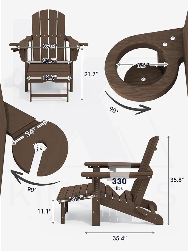 KINGYES Folding Adjustable Adirondack Chair with Ottoman & 2 Cup Holders, HDPE Adirondack Recliner Chair with Footrest - Photo 2