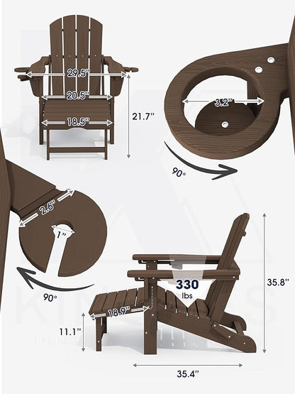 KINGYES Folding Adjustable Adirondack Chair with Ottoman & 2 Cup Holders, HDPE Adirondack Recliner Chair with Footrest, Coffee