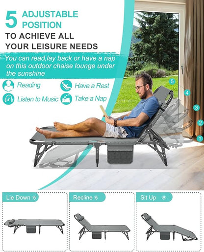 ABORON 3-in-1 Folding Patio Lounge Chair, 440LB Heavy-Duty Tri-Fold Guest Bed with Plush Cotton Cushion, No Assembly Adjustable Recliner for Office Nap, Patio Sunbathing, Poolside & Camping