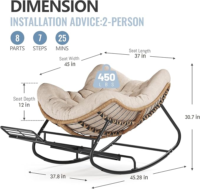 SWITTE Outdoor Papasan Rocking Chair with Adjustable Footrest, Oversized Wicker Zero-Gravity Chair with Cushion, All-Weather Lounge for Patio, Living Room-Cream