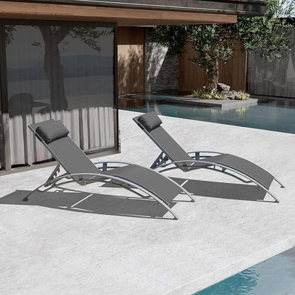 Domi Pool Lounge Chairs Set of 2, Adjustable Aluminum Outdoor Chaise Lounge Chairs, All Weather for Deck Lawn Poolside Backyard -Dark Grey Textilene