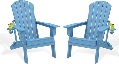 Folding Adirondack Chair Set of 2，Wooden Textured Fire Pit Chair with Cup Holder, Heavy All-Weather HDPE Plastic Outdoor Patio Chairs for Poolside Backyard Patio Outdoor Garden