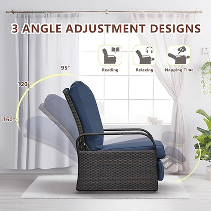 ATR ART TO REAL Outdoor Recliner, Set of 2 Wicker Reclining Chair with Coffee End Side Table, Aluminum Frame Patio Chaise Lounge Chairs with Thicken Cushions (Navy Blue)