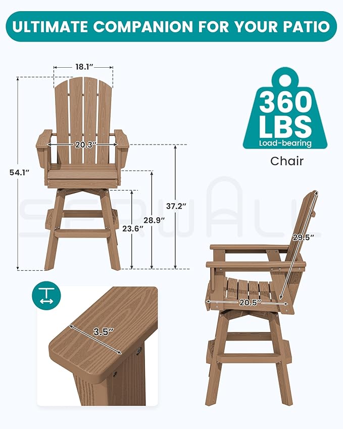 SERWALL Swivel Adirondack Barstools Set of 2, HDPE Outdoor Swivel Bar Chairs Set of 2 for Patio, Poolside, Garden, Brown - Photo 2