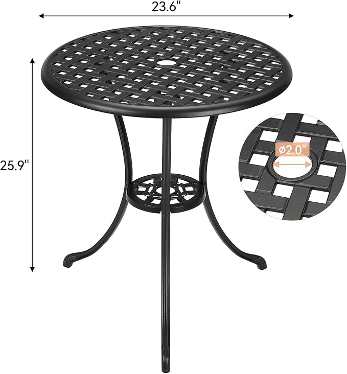 24" Patio Bistro Table Round Outdoor Coffee Table, Small Patio Table with 2" Umbrella Hole, Iron Frame for Porch, Backyard, Garden, Rustic Brown