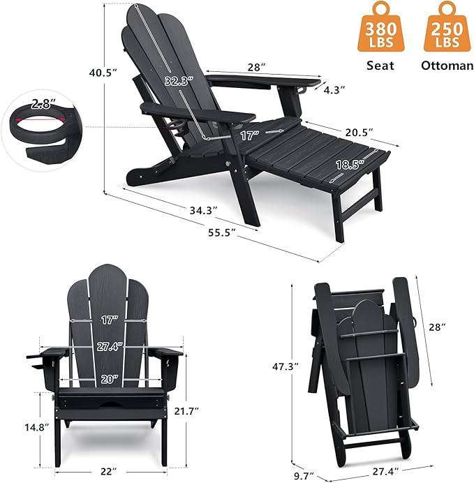 GOWE Folding Outdoor Adirondack Chair with Ottoman,HDPE All-Weather Folding Fire Pit Chair, Ergonomic Design Patio Lawn Chair for Outside Deck Garden Backyardf Balcony,Black