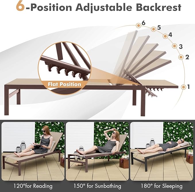 Tangkula Aluminum Lounge Chair Outdoor, Patio Adjustable Chaise Lounge with 6-Position Backrest, Aluminum Frame, Breathable Fabric, Lightweight Recliner Pool Chairs for Poolside, Backyard (2, Brown)