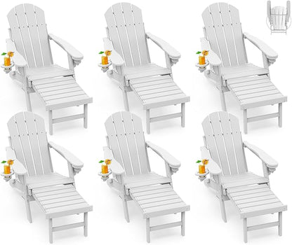 GREENVINES Adirondack-Chairs-with-Ottoman | Set of 6 | Folding | Retractable-Footrest | HDPE Plastic | All Weather Fire Pit Chair | Cup Holders | White | for Outdoor Poolside