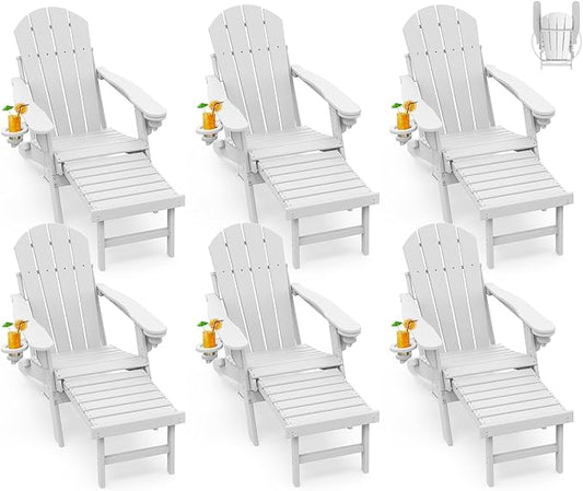 GREENVINES Adirondack-Chairs-with-Ottoman | Set of 6 | Folding | Retractable-Footrest | HDPE Plastic | All Weather Fire Pit Chair | Cup Holders | White | for Outdoor Poolside