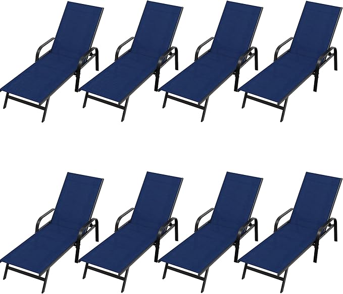 Outdoor Lounge Chair, Adjustable Patio Reclining Chaise with Textilene Fabric, Pool Lounge Chair with 5-Position Backrest for Patio, Garden, Poolside & Balcony,Navy Blue Set of 8
