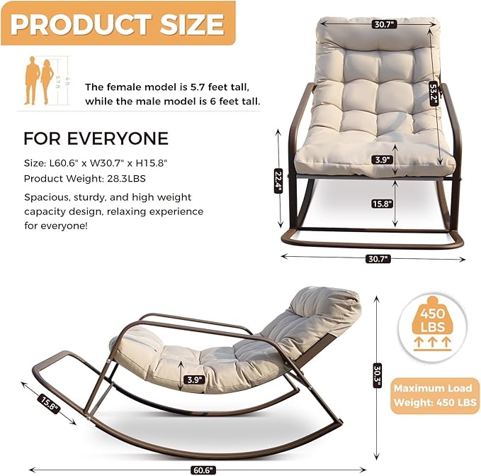 BULEXYARD Beige 2 Pcs Oversized Indoor Outdoor Lounge Royal Rocking Chair with Armrest Footrest for Napping Relaxing, Heavy Duty Patio Reclining Papasan Rocker Chair with Padded Cushion
