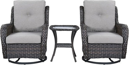 Rilyson Wicker Rocking Chair Swivel Chairs - 3 Piece Rocker Patio Furniture Set Rattan Rocking Bistro Sets with Glass Top Side Table for Outdoor Porch Deck Garden Backyard (Brown/Grey)