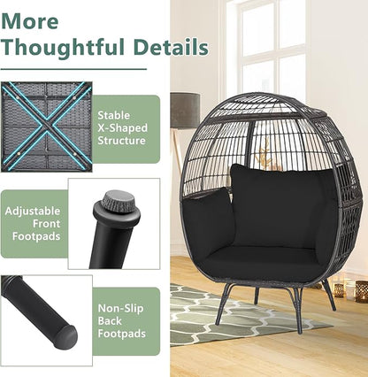 Tangkula PE Wicker Egg Chair, Patiojoy Oversized Indoor Outdoor Patio Lounge Chair with Cushions and Pillows, Steel Frame Basket Chair for Garden, Deck, Balcony, Living Room (Black)