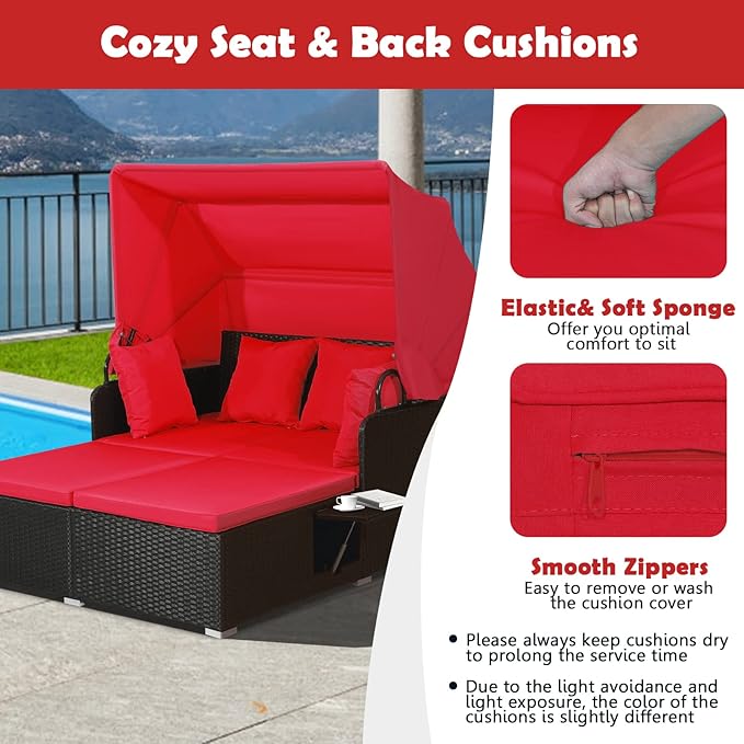 Tangkula Patio Rattan Daybed with Retractable Canopy, Outdoor Wicker Sunbed Lounger with 2 Foldable Side Tables - Photo 5