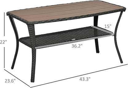 Outsunny PE Rattan Outdoor Coffee Table with Storage, 2-Layer Wicker Side Table, Patio Storage Table with Wood-Plastic Composite Top for Garden, Porch, Backyard, Mixed Brown