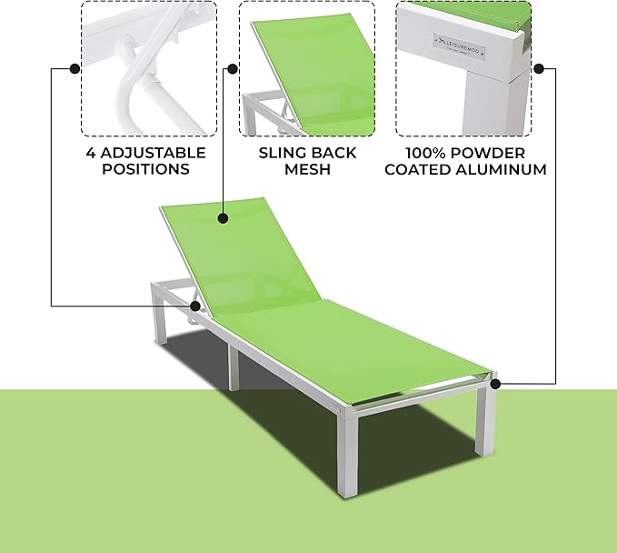 LeisureMod Marlin Aluminum Outdoor Chaise Lounge Chair - Mesh Sling Fabric Seat White Aluminum Frame Beach, Pool Lounge Chair for Modern Patio Lawn, Garden and Backyard (Green)