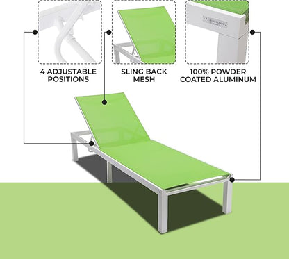 LeisureMod Marlin Aluminum Outdoor Chaise Lounge Chair - Mesh Sling Fabric Seat White Aluminum Frame Beach, Pool Lounge Chair for Modern Patio Lawn, Garden and Backyard (Green)