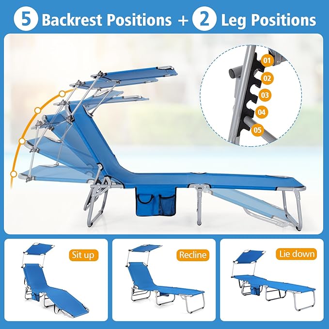 Goplus Tanning Chair, Foldable Beach Lounge Chair with 360°Canopy Sun Shade, Side Pocket, 5-Position Adjustable Outdoor Chaise Lounge Chair for Patio Pool Yard Lawn (2, Blue)