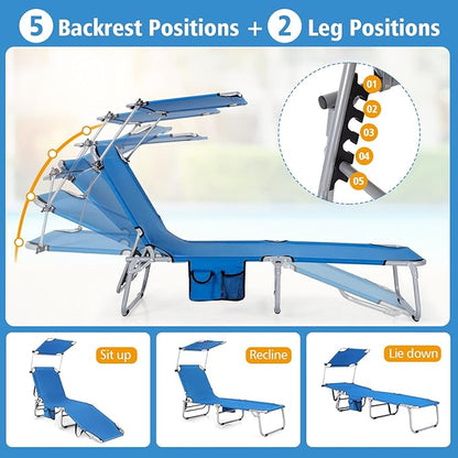 Goplus Tanning Chair, Foldable Beach Lounge Chair with 360°Canopy Sun Shade, Side Pocket, 5-Position Adjustable Outdoor Chaise Lounge Chair for Patio Pool Yard Lawn (1, Blue)