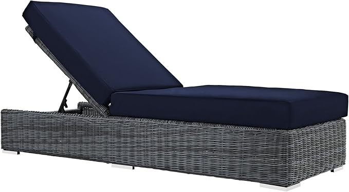 Modway Summon Wicker Rattan Aluminum Outdoor Patio Poolside Chaise Lounge Chair with Sunbrella® Fabric Cushions in Canvas Navy