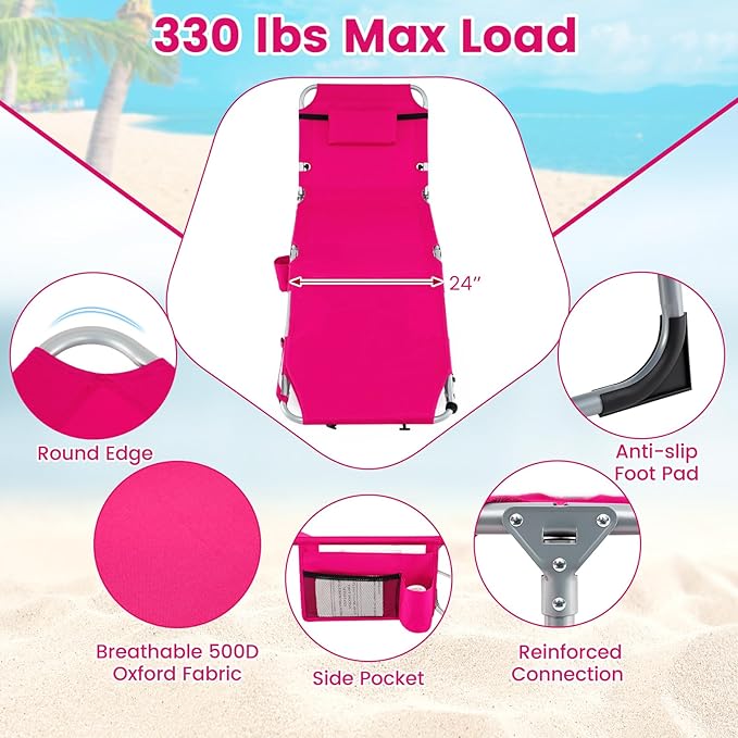 Goplus Tanning Chair with Face Arm Holes, Portable Sunbathing Chair w/4-Level Backrest, Head Pillow - Photo 6