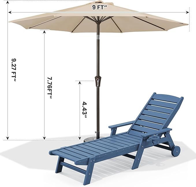 SERWALL Patio Chaise Lounge Chair Set of 2 with 9FT Patio Umbrella, 78'' HDPE Outdoor Lounger - Photo 3