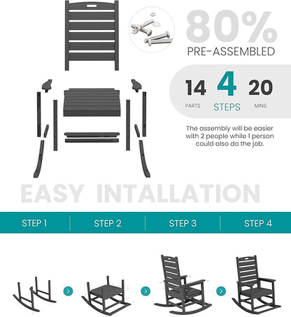 SERWALL Outdoor Rocking Chair, Oversized Rocking Chair with Footrest for Adults, HDPE All Weather Resistant Rocking Chairs for Patio, 350lbs Weight Capacity, Gray