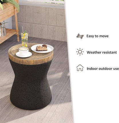 HOMPUS Outdoor Concrete Side Table Sets of 2, 2 Pieces Black Round Patio End Table, Small Outdoor Accent Table, Hourglass Shaped Garden Stool for Patio, Outside, Black
