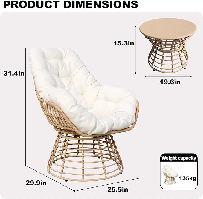 Swivel Chairs for Outside Patio Set of 3, 360 Degree Swivel Pe Wicker Luxury Lounger Chair with 20" Side Table - Photo 7