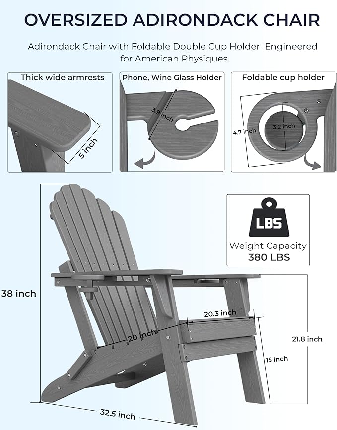 Oversized Adirondack Chair with Dual Cup Holders, Ergonomic High Back HDPE Fire Pit Chair, 380lbs Capacity All-Weather Outdoor Patio Lounge Chair for Garden, Deck, Yard - Grey