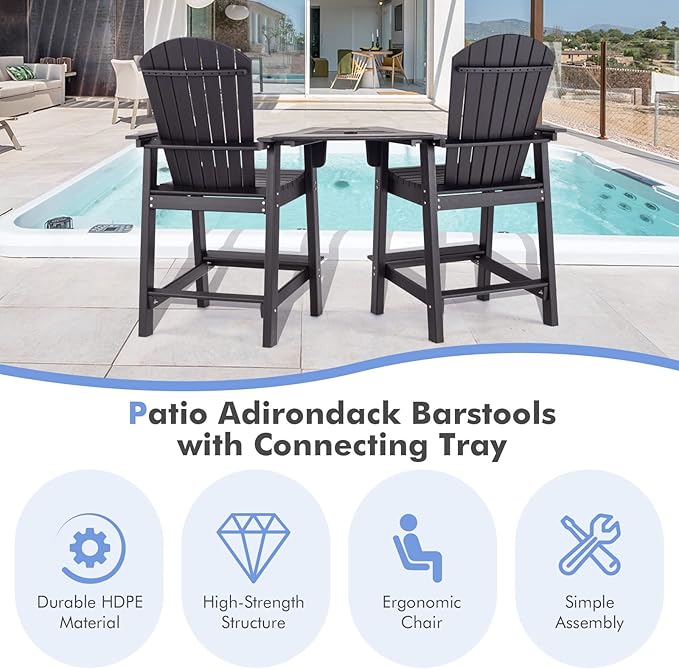 Giantex Tall Adirondack Chair Set of 2 - Outdoor HDPE Barstools w/Middle Connecting Tray & Umbrella Hole, Counter Height Bar Chair, Weather Resistant, Ideal for Patio, Backyard, Poolside (Black)