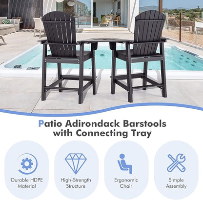 Giantex Tall Adirondack Chair Set of 2 - Outdoor HDPE Barstools w/Middle Connecting Tray & Umbrella Hole, Counter Height Bar Chair, Weather Resistant, Ideal for Patio, Backyard, Poolside (Black)