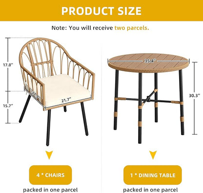 DWVO 5 Piece Patio Dining Sets, Outdoor Dining Furniture Set with 2" Umbrella Hole, Wicker Rattan Round Table and Chairs Set with Comfortable Cushions for Patio, Balcony, Backyard, Beige