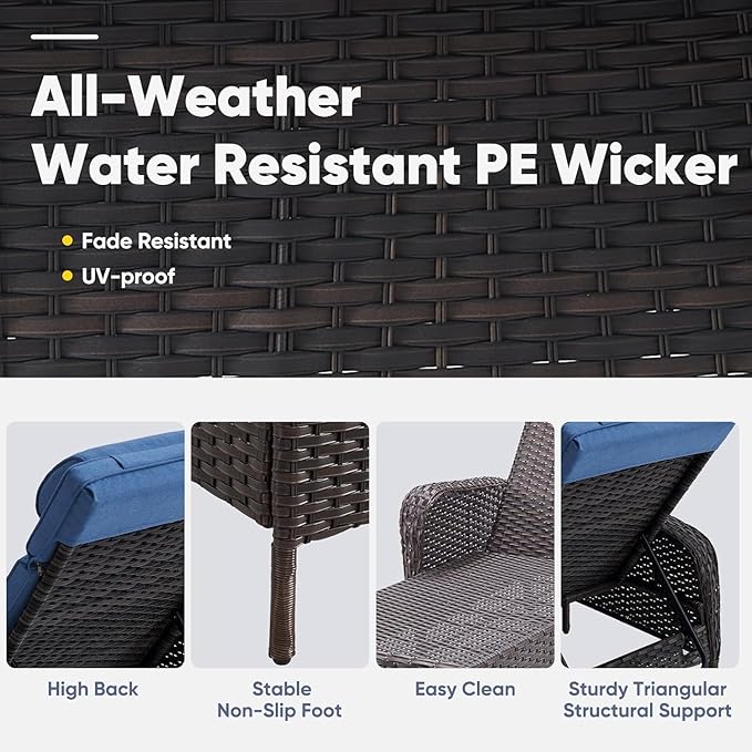 Belord 3 Piece Outdoor Chaise Lounge Patio Recliner - 75 Inch Adjustable Wicker Chaise Lounge with Soft Pillow Removable Cushions, All Weather Rattan Pool Lounge Chair Set of 2 for Poolside Brown/Blue