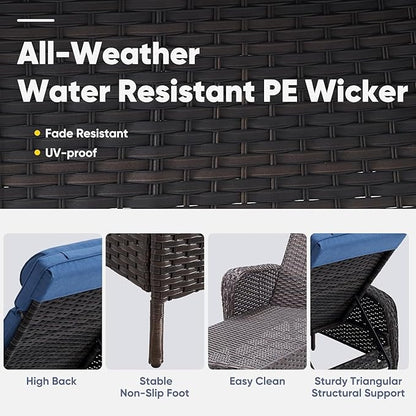 Belord 3 Piece Outdoor Chaise Lounge Patio Recliner - 75 Inch Adjustable Wicker Chaise Lounge with Soft Pillow Removable Cushions, All Weather Rattan Pool Lounge Chair Set of 2 for Poolside Brown/Blue