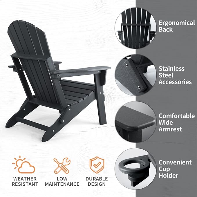 FUNBERRY Folding Adirondack Chair Set of 4, All Weather HDPE Fire Pit Chairs with Cup Holder for Outdoor - Photo 7