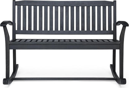 Patio Rocking Loveseat, 2 Person Outdoor Rocker Bench, Acacia Wood Patio Rocking Loveseat with Armrests, Slatted Seat & Backrest, Porch Rocking Bench for Backyard, Garden-156