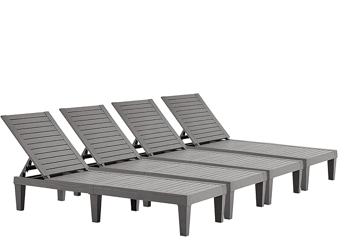 HOOYEAH Outdoor Chaise Lounge 4PCS, Adjustable Pool Lounge Chair with 5 Positions Backrest, Waterproof Sun Loungers, Durable Chair for Pool Beach Patio Garden Deck Sunbathing,Grey
