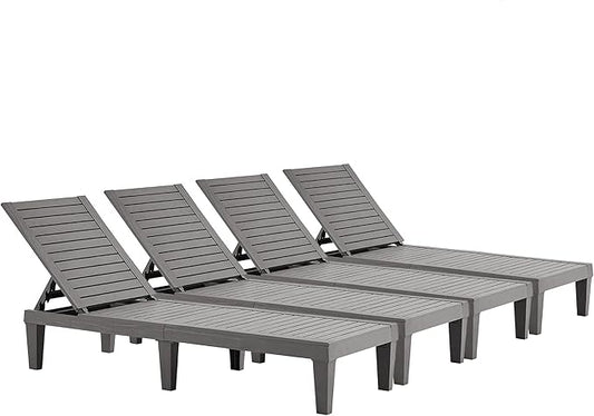 HOOYEAH Outdoor Chaise Lounge 4PCS, Adjustable Pool Lounge Chair with 5 Positions Backrest, Waterproof Sun Loungers, Durable Chair for Pool Beach Patio Garden Deck Sunbathing,Grey